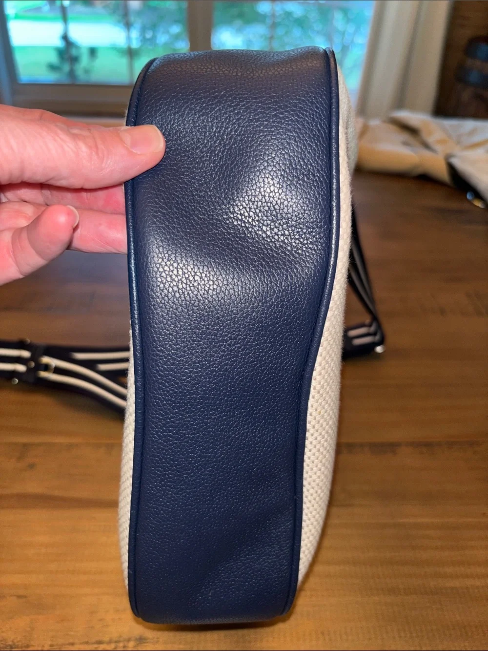 kate spade Cream Canvas Crossbody with Navy Trim and Striped Strap EUC!